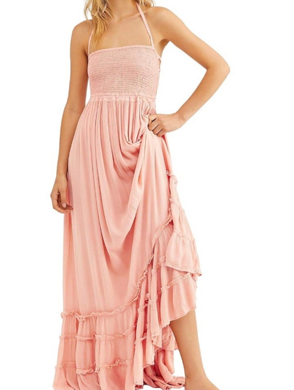 R. Vivimos Blush Pink Boho Maxi Dress Size L NWT Smocked Open Back
